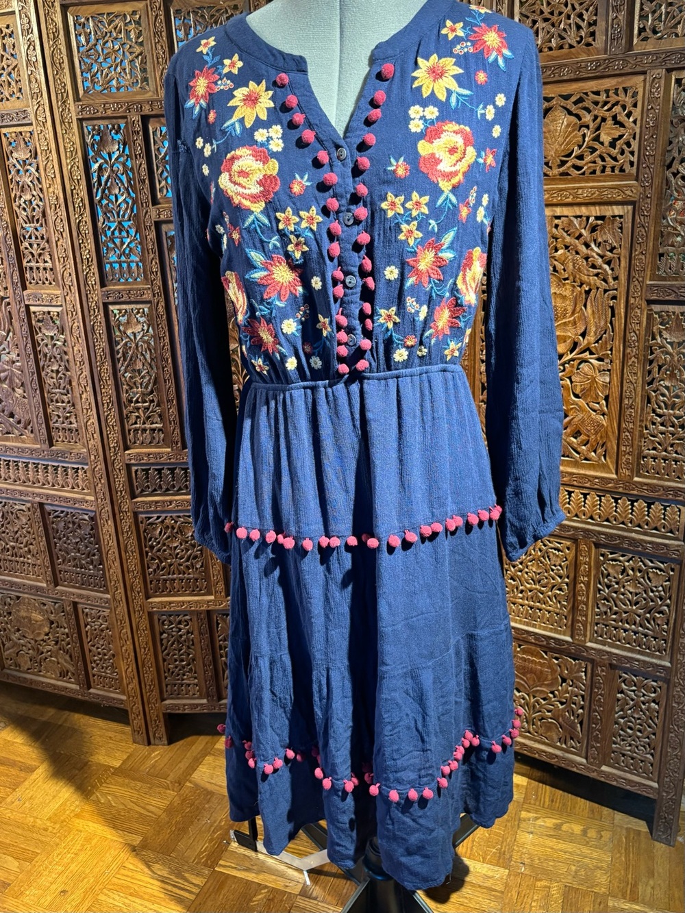 ANDREE BY UNIT Navy Embroidered Midi Dress with Pink Pom Trim